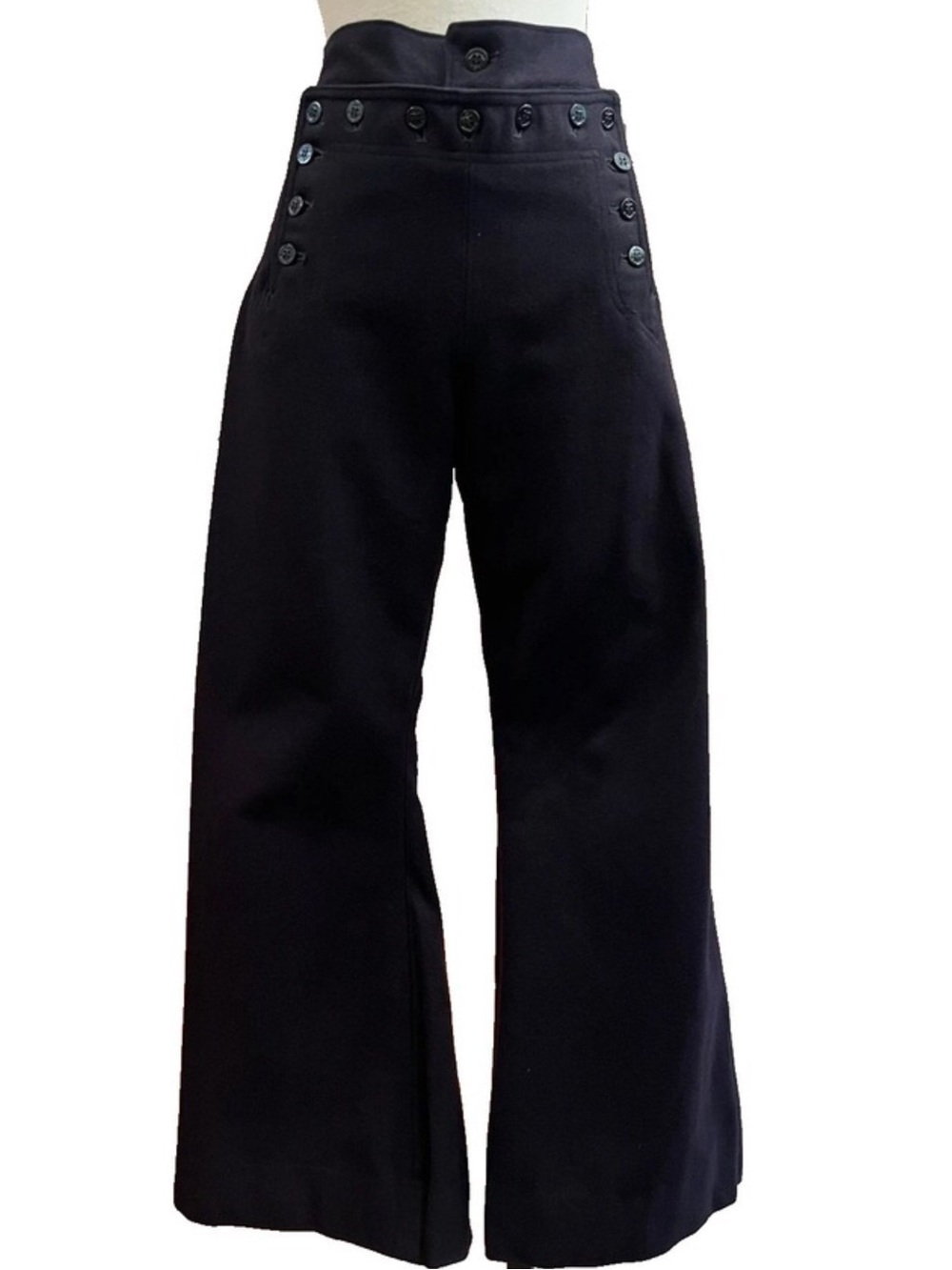 Vtg US Navy Wool High-Rise Wide Leg Button-Accent Pants - Black